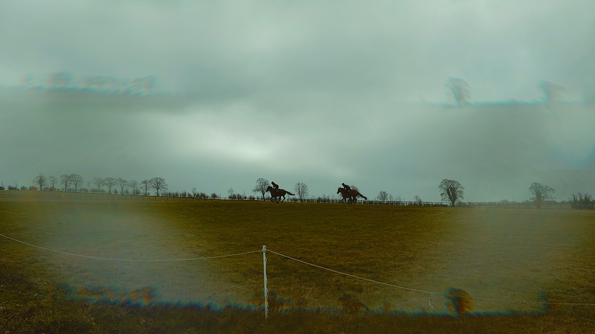Horses running on a grassy hill with a foggy overlay